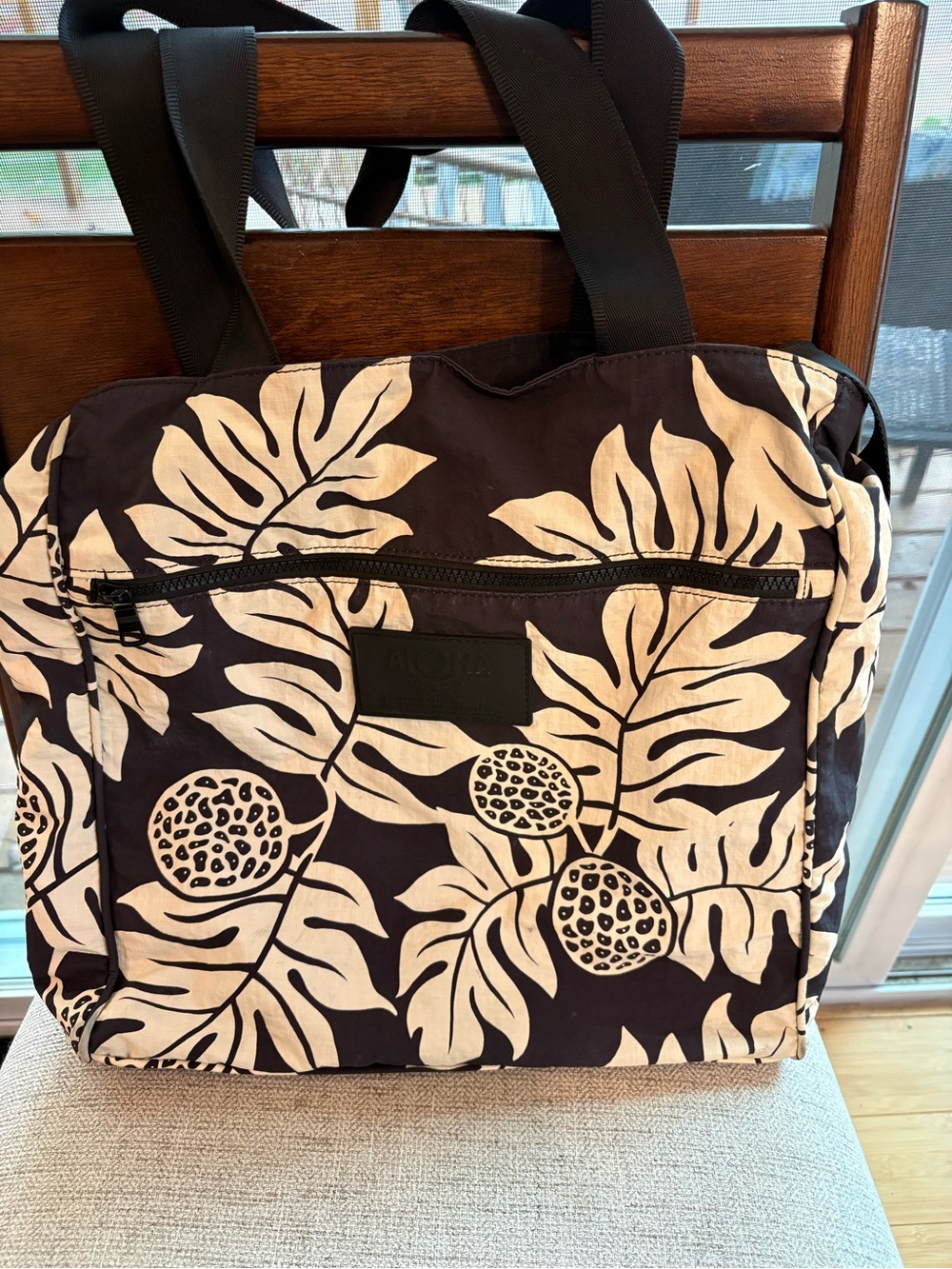 ALOHA Black and Cream Tropical Leaf Print Tote